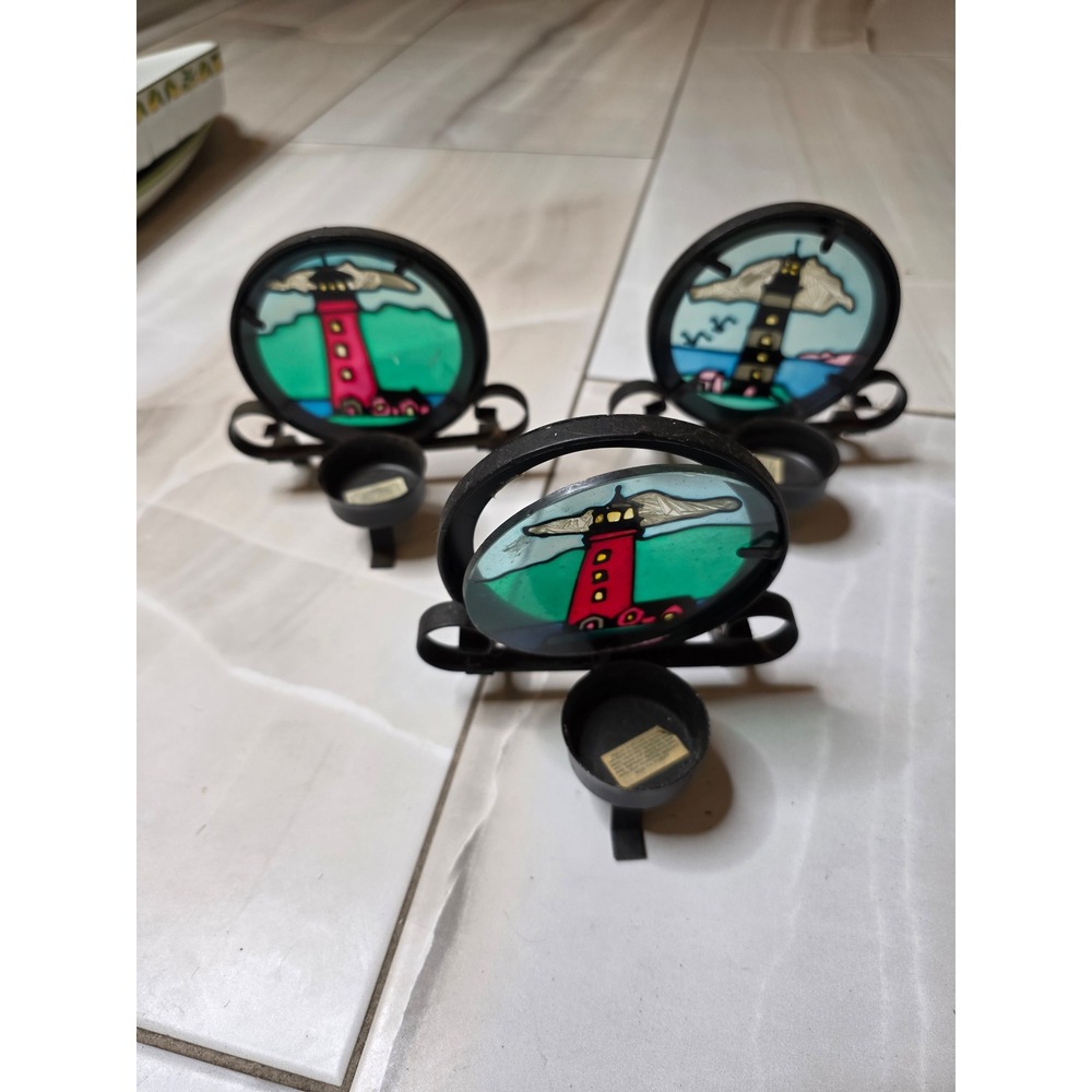 Vintage Lighthouse Stained Glass Tea Light Candle Holder Set 3 Wrought Iron E2